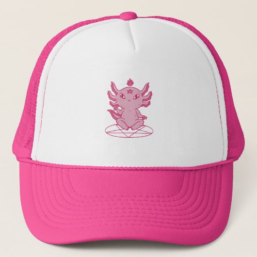 Axolotl Baphomet Heidens Roze Trucker Pet (Voorkant)