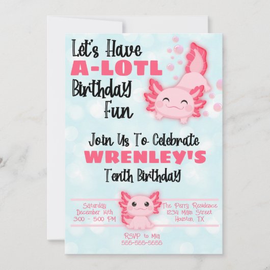 Axolotl Birthday Party Invitation roze Kaart (Voorkant)