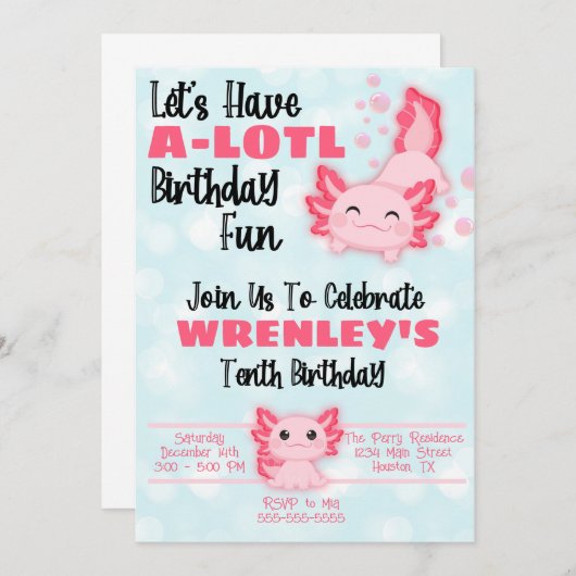 Axolotl Birthday Party Invitation roze Kaart (Voorkant / Achterkant)