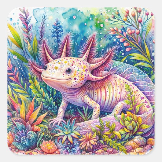 Axolotl Botanische Waterverf Art Vierkante Sticker (Voorkant)