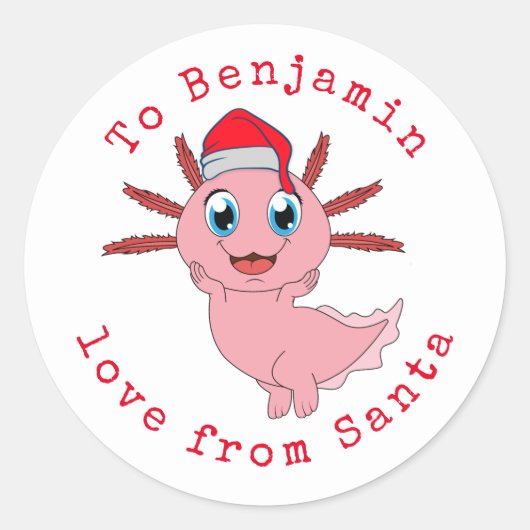 Axolotl Childs Name Love of Santa Kerstman Ronde Sticker (Voorkant)