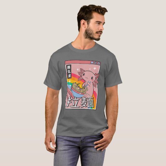 Axolotl Eating Ramen Japan Style 80S Otaku Vaporwa T-shirt (Voorkant volledig)