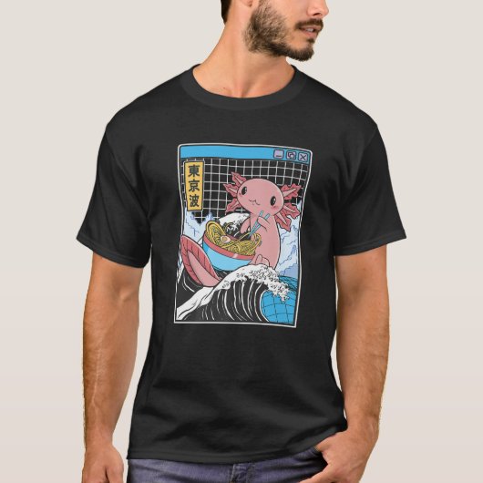 Axolotl Eating Ramen Kanagawa Wave Kawaii Anime Va T-shirt (Voorkant)