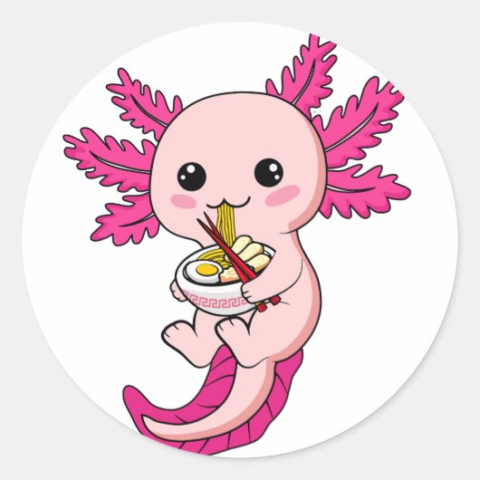 Axolotl Eating Ramen Noodles Kawaii Anime Classic Ronde Sticker (Voorkant)
