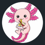 Axolotl Eating Ramen Noodles Kawaii Anime Classic Ronde Sticker<br><div class="desc">Axolotl Eating Ramen Noodles Kawaii Anime Japans design Classic Round Sticker Classic Collectie.</div>