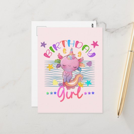 Axolotl Eenhoorn Verjaardagsfeestje Thema Kleurrij Briefkaart (Voorkant / Achterkant in situ)