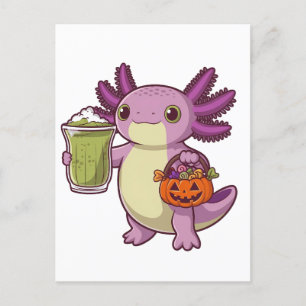 Axolotl Holding Halloween Basket en Matcha Uitnodiging Briefkaart