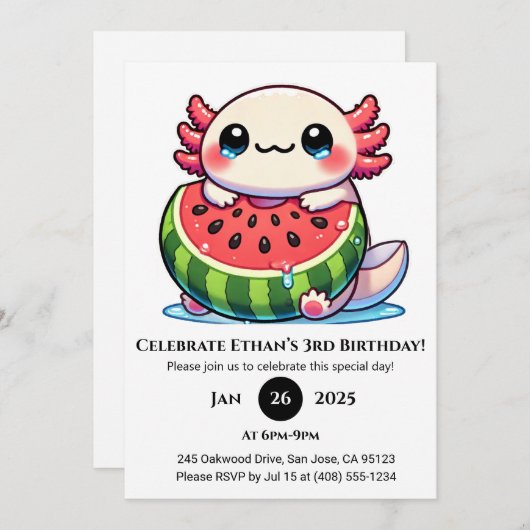 Axolotl in Watermelon Float Birthday Kaart (Voorkant / Achterkant)