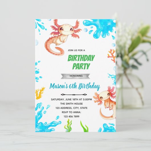 Axolotl jongen verjaardagsuitnodiging kaart (Staand voorkant)