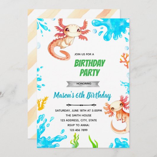 Axolotl jongen verjaardagsuitnodiging kaart (Voorkant / Achterkant)