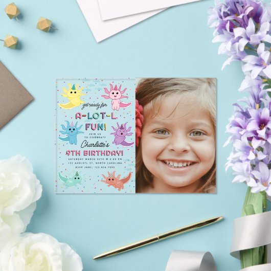 Axolotl Kinder Schattigee Salamander Foto Verjaard Acryl Uitnodigingen (Insitu (Huwelijk))