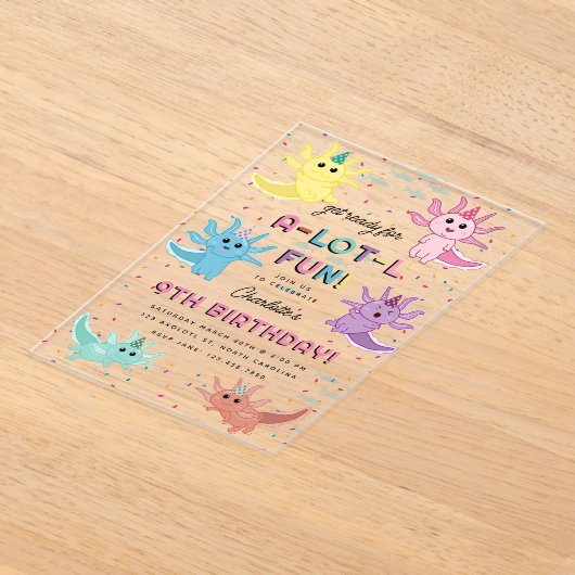 Axolotl Kinder Schattigee Salamander Verjaardagsfe Acryl Uitnodigingen (Laagn)