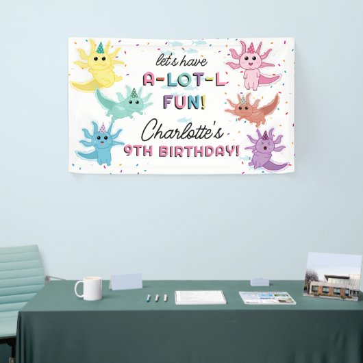 Axolotl Kinder Schattigee Salamander Verjaardagsfe Spandoek (Beurs)