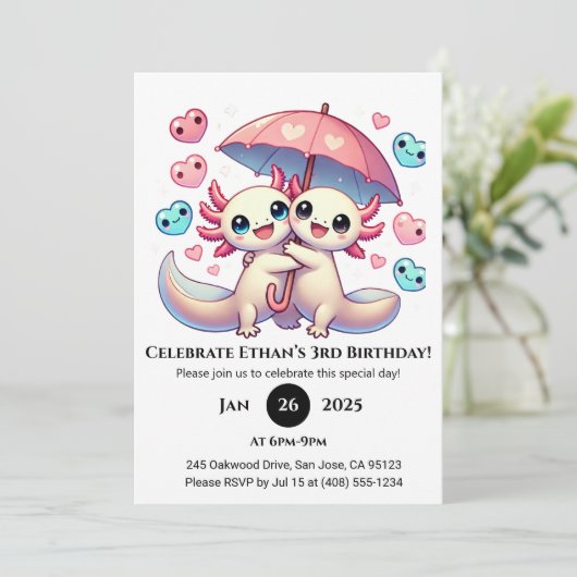 Axolotl koppel met paraplu verjaardag kaart (Staand voorkant)