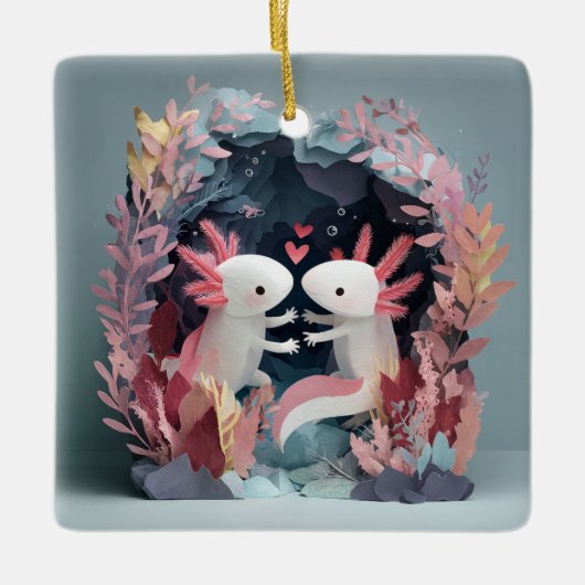 Axolotl love paper cut shadowbox diorama keramisch ornament (Voorkant)