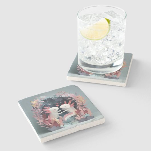 Axolotl love paper cut shadowbox diorama stenen onderzetter (Zijkant)