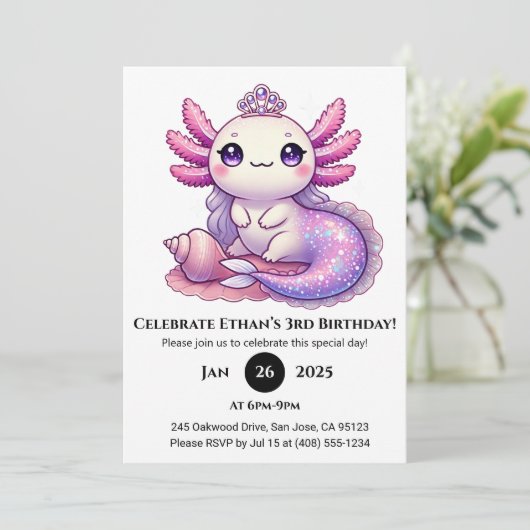 Axolotl Mermaid Princess Verjaardag Kaart (Staand voorkant)