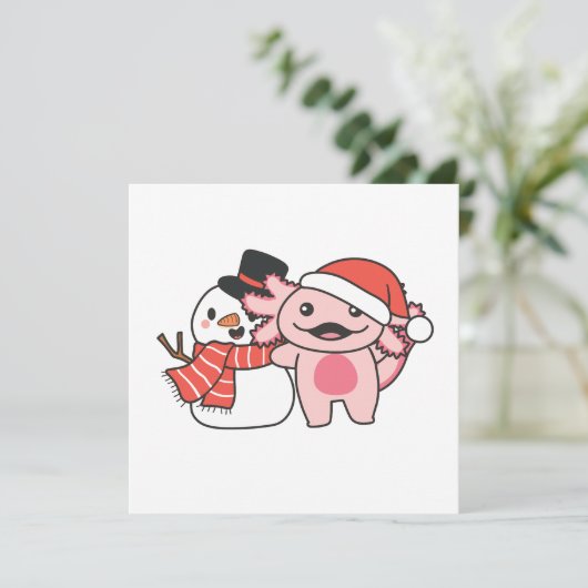 Axolotl met Snowman in de winter bij Kerstmis Feestdagenkaart (Staand voorkant)