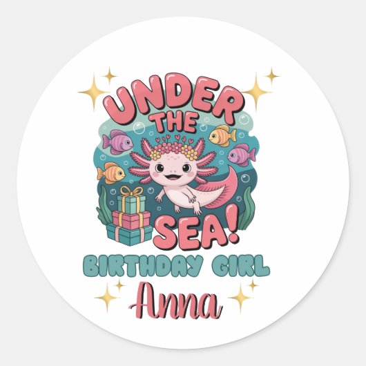 Axolotl onder het Zee Verjaardagsmeisje Schattigee Ronde Sticker (Voorkant)