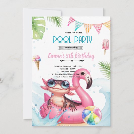 Axolotl Pool party theme invitation Kaart (Voorkant)