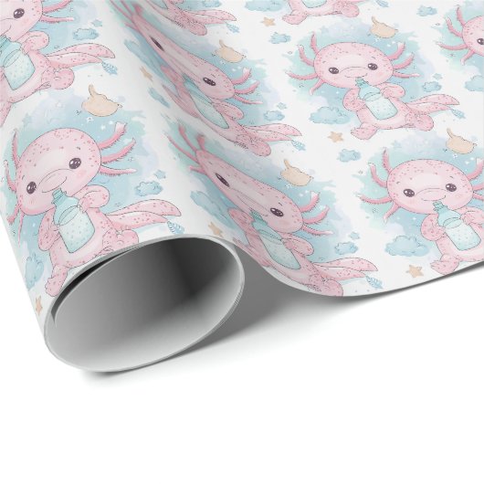 Axolotl roze Baby pastel Waterverf Cadeaupapier (Rol Hoek)