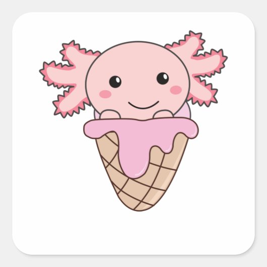 Axolotl roze ijs crème waffle zoete dieren vierkante sticker (Voorkant)