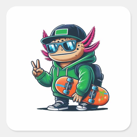 Axolotl Skateboarder Vierkante Sticker (Voorkant)