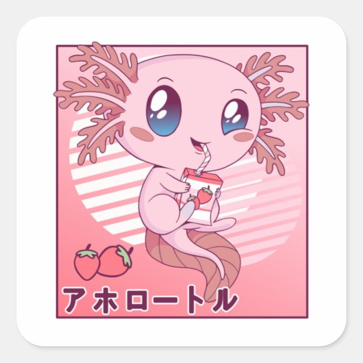 Axolotl Strawberry Milk Retro Kawaii Japan Axolotl Vierkante Sticker (Voorkant)