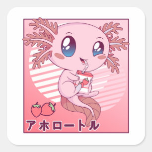 Axolotl Strawberry Milk Retro Kawaii Japan Axolotl Vierkante Sticker