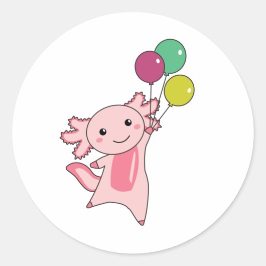 Axolotl Sweet Animal vliegt met ballonnen omhoog Ronde Sticker (Voorkant)