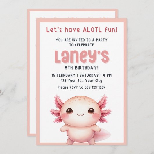 Axolotl uitnodiging verjaardag meisjes, Axolotl ui (Voorkant / Achterkant)