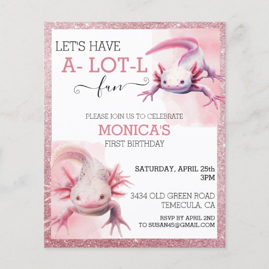 Axolotl Verjaardag Roze Glitter look (Voorkant)