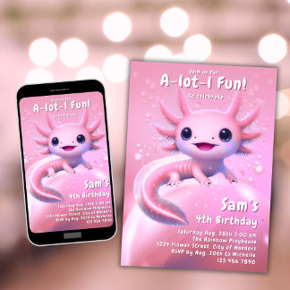 Axolotl Verjaardag Uitnodiging Meisje Roze Axolotl