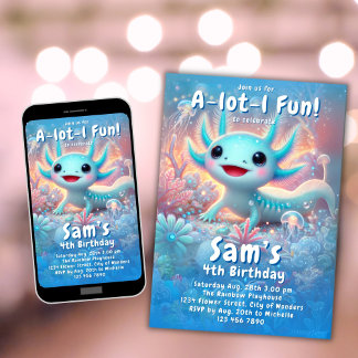 Axolotl Verjaardag Uitnodiging Neon Boy Axolotl Pa
