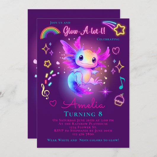 Axolotl Verjaardag Uitnodiging Neon Glow Axolotl (Voorkant / Achterkant)