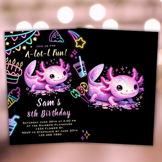 Axolotl verjaardagsuitnodiging Neon Axolotl Party Kaart