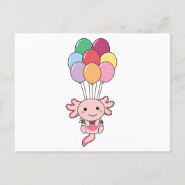 Axolotl vliegt met kleurrijke ballonnen omhoog briefkaart