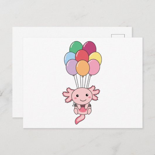 Axolotl vliegt met kleurrijke ballonnen omhoog briefkaart (Voorkant / Achterkant)