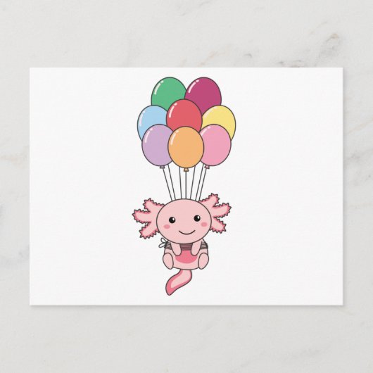 Axolotl vliegt met kleurrijke ballonnen omhoog briefkaart (Voorkant)