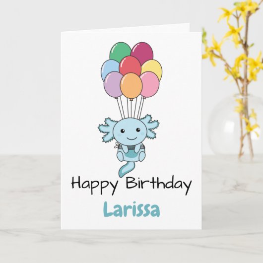 Axolotl vliegt op met een kleurrijke ballonkaart kaart (Gele Bloem)