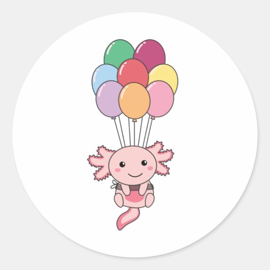Axolotl vliegt op met kleurrijke ballonnen ronde sticker (Voorkant)