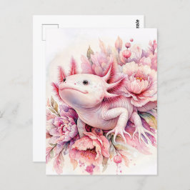 Axolotl Waterverf Roze Bloemen Briefkaart