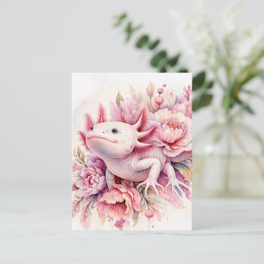 Axolotl Waterverf Roze Bloemen Briefkaart (Staand voorkant)