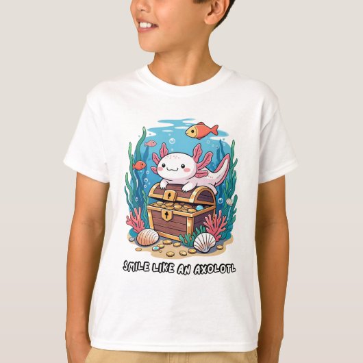 Axolotl zit trots op een schatkist t-shirt (Voorkant)