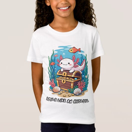 Axolotl zit trots op een schatkist t-shirt (Voorkant)