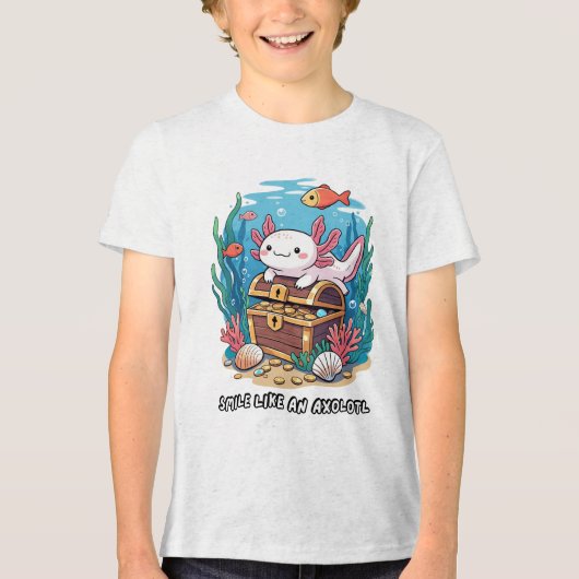 Axolotl zit trots op een schatkist Tri-Blend shirt (Voorkant)
