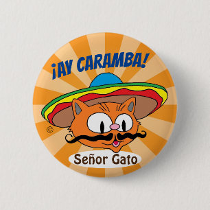 Ay Caramba! Cartoon Snorhar Kat Señor Gato Knop Ronde Button 5,7 Cm