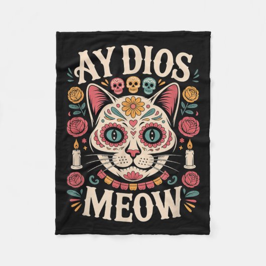 Ay Dios Meow Grappige Suiker Schedel Kat Dia De Lo Fleece Deken (Voorkant)