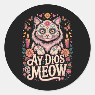 Ay Dios Meow Grappige Suiker Schedel Kat Dia De Lo Ronde Sticker
