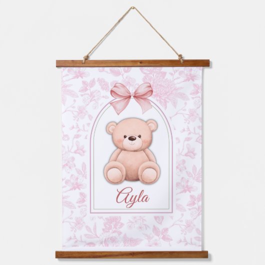 Ayla | Aangepaste Roze Teddybeer Nursery Design Hangend Wandkleed (Voorkant)